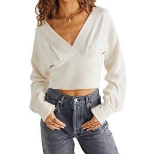 Free People We The Free Waffle Knit Cream Long Sleeve Cropped Pullover Top XS